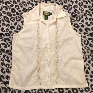 White Button Up Sleeveless Blouse w/ Floral Embroidery | Cabela’s | Size…